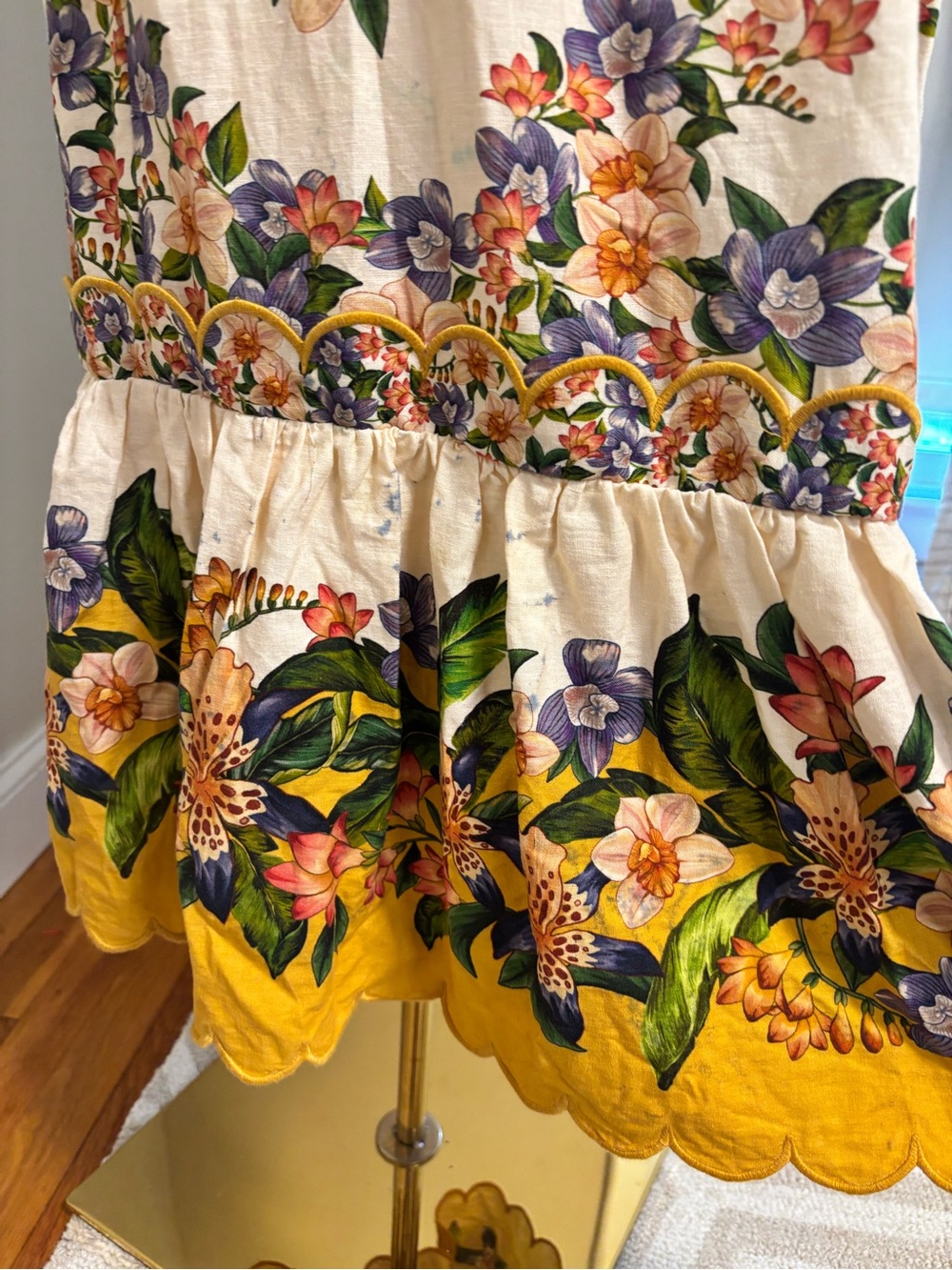 NWT Farm Rio Hilo Stripes Sand Floral Scalloped Midi Dress Small Pockets Linen - Picture 12 of 12